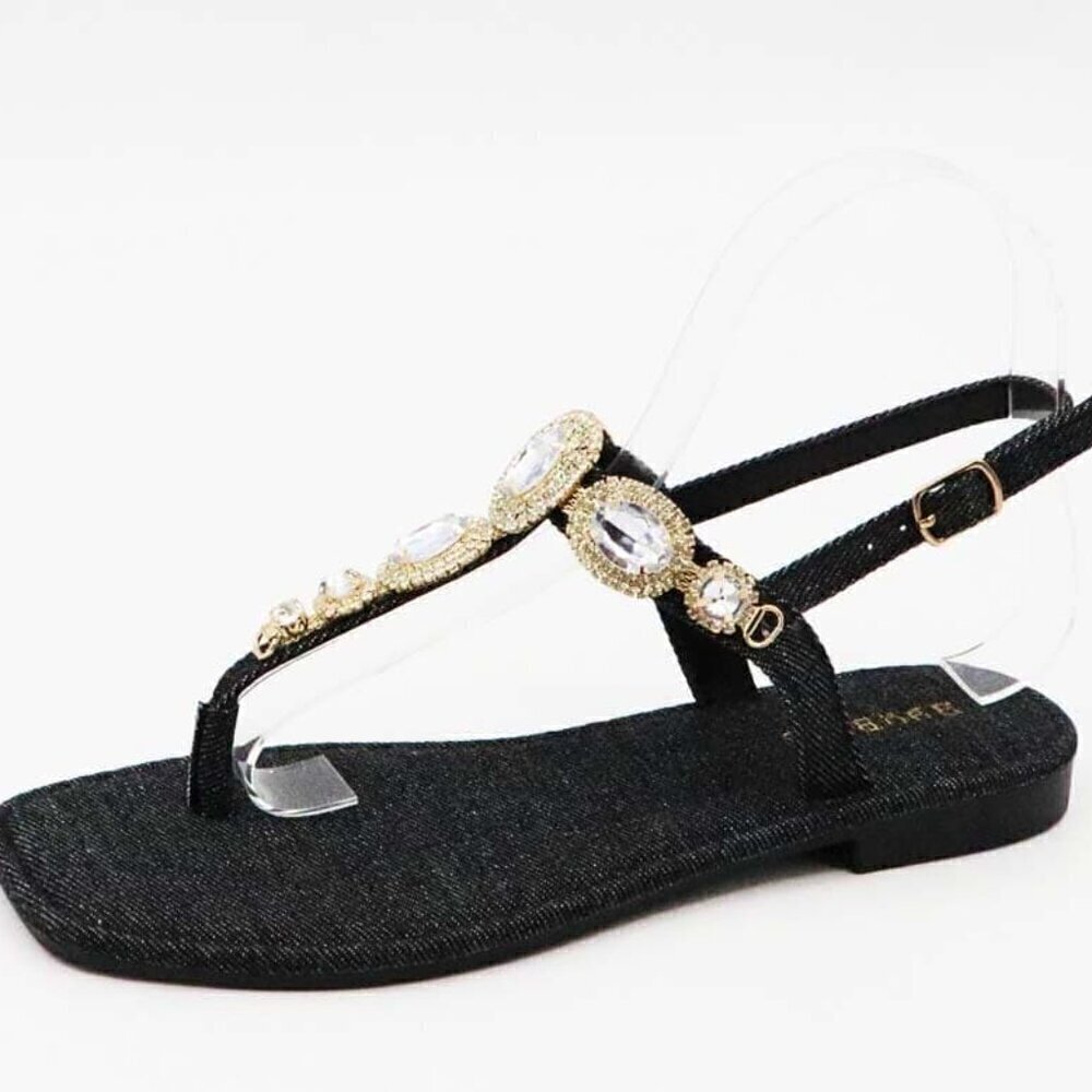 Jeweled Dark Black Denim Dressy Strap Bling Gold Accent Sandals Size 7/7.5/8/8.5 - Picture 9 of 12